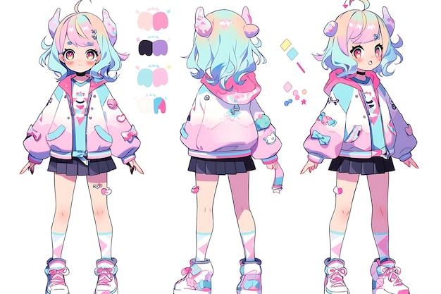 Anime Girl Character Design Turnaround Sheet Cute Kawaii Fashion Style Anime Character Model