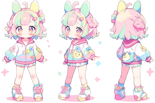 Anime Girl Character Design Turnaround Sheet Cute Kawaii Fashion Style Anime Character Model