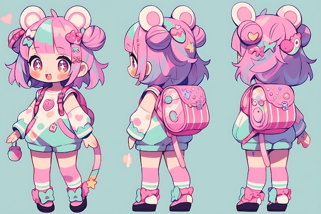 Anime Girl Character Design Turnaround Sheet Cute Kawaii Fashion Style Anime Character Model