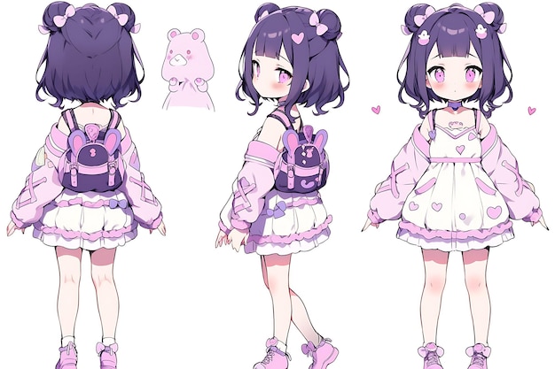 Anime Girl Character Design Turnaround Sheet Cute Kawaii Fashion Style Anime Character Model