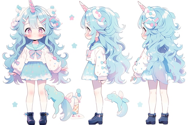 Anime Girl Character Design Turnaround Sheet Cute Kawaii Fashion Style Anime Character Model