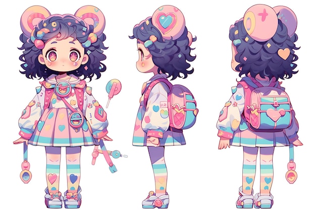 Anime Girl Character Design Turnaround Sheet Cute Kawaii Fashion Style Anime Character Model