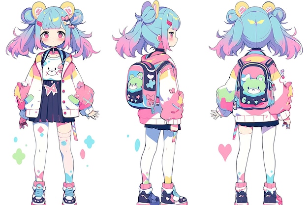 Anime Girl Character Design Turnaround Sheet Cute Kawaii Fashion Style Anime Character Model