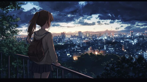 An anime girl Composition A high school girl looking down at the city lights from a high vantage p