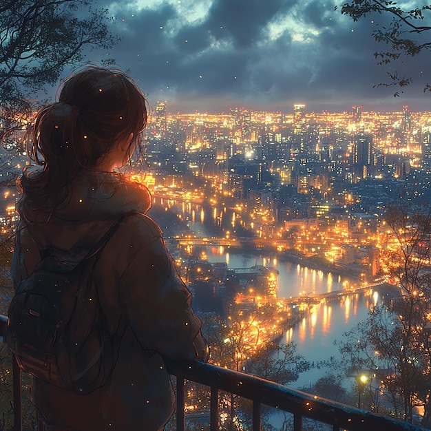 An anime girl Composition A high school girl looking down at the city lights from a high vantage p