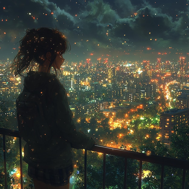 An anime girl Composition A high school girl looking down at the city lights from a high vantage p