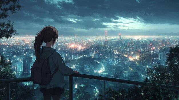 An anime girl Composition A high school girl looking down at the city lights from a high vantage p