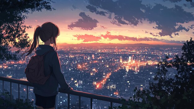 An anime girl Composition A high school girl looking down at the city lights from a high vantage p