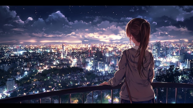 An anime girl Composition A high school girl looking down at the city lights from a high vantage p