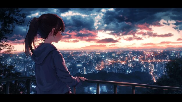 An anime girl Composition A high school girl looking down at the city lights from a high vantage p