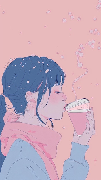 anime girl drinking a drink with bubbles coming out of her mouth generative ai