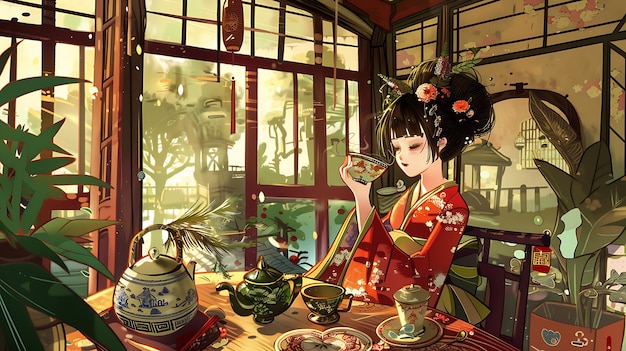 Anime Girl Enjoying Tea in a Traditional Japanese Setting