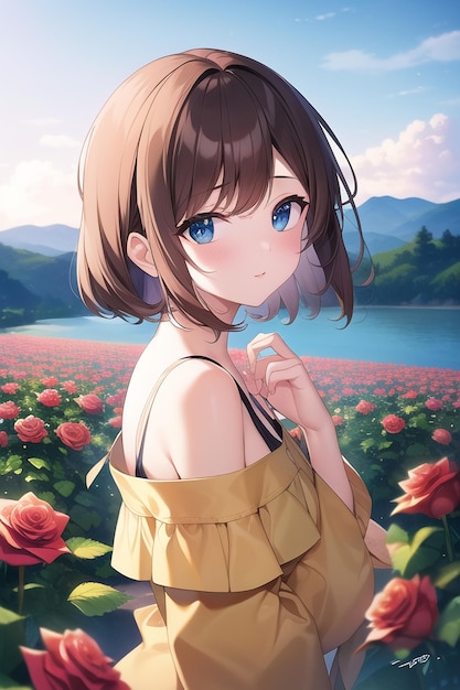 Anime girl in a field of flowers