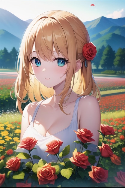 Anime girl in a field of flowers