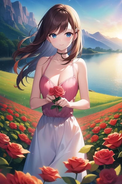 Anime girl in a field of flowers