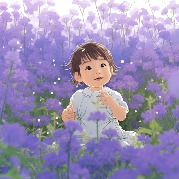 Anime girl in a field of purple flowers with a smile generative ai