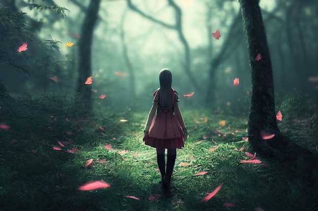 Anime girl in the foreground walks through a futuristic forest 3d rendering. Raster illustration.