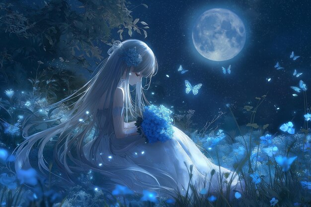 Photo anime girl in a glowing dress under the full moon with butterflies at night