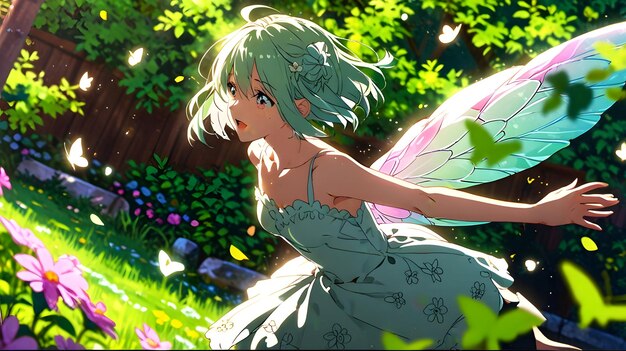 anime girl in a green dress with wings