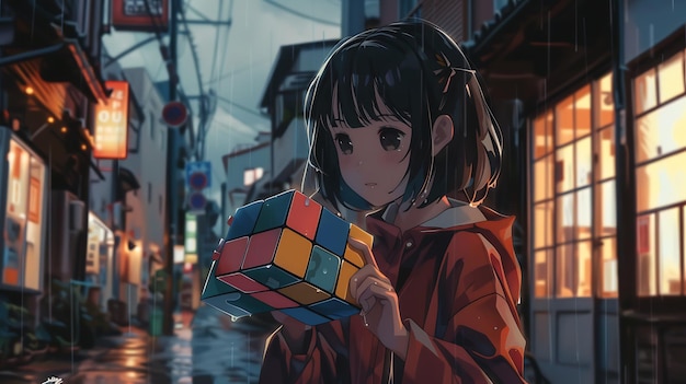 Anime Girl Holding a Rubiks Cube in the Rain