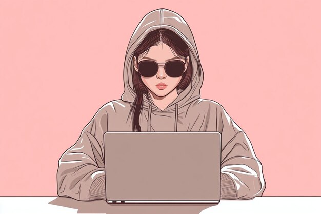 Photo anime girl in a hoodie and sunglasses focused on her laptop in a sleek minimalistic style