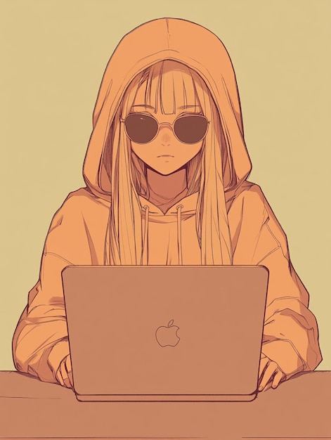 Photo anime girl in a hoodie and sunglasses focused on her laptop in a sleek minimalistic style