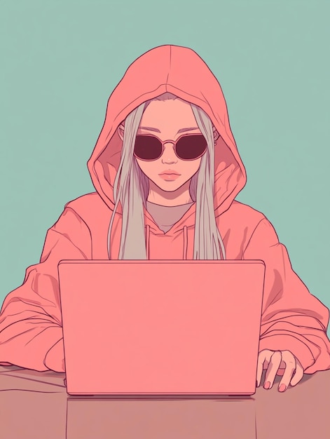 Photo anime girl in a hoodie and sunglasses focused on her laptop in a sleek minimalistic style