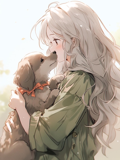 Anime girl hugging a dog with a bow tie generative ai