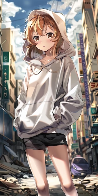 a anime girl is standing in front of a building with a hood on her head