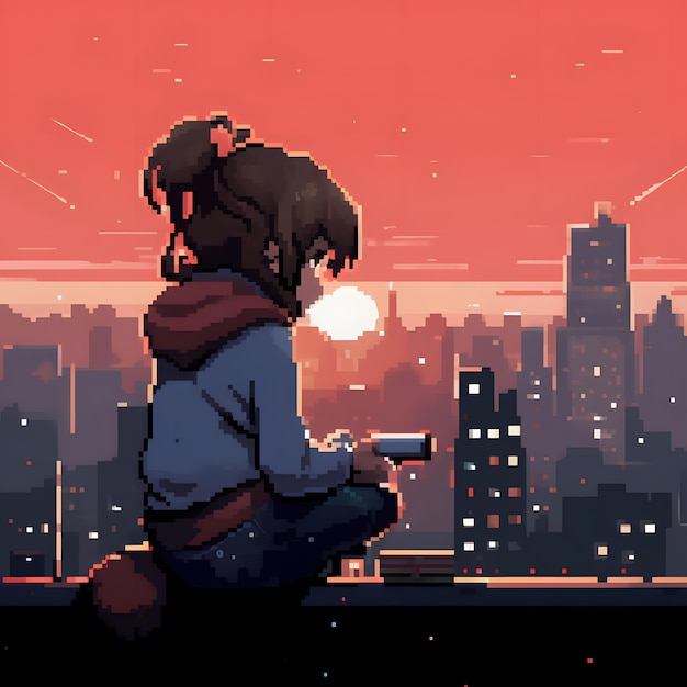 anime girl listening to lofi beats accompanied by her pixel art style cat