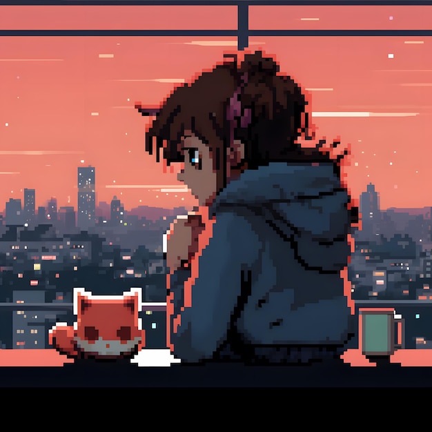 anime girl listening to lofi beats accompanied by her pixel art style cat