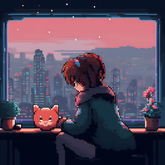 anime girl listening to lofi beats accompanied by her pixel art style cat