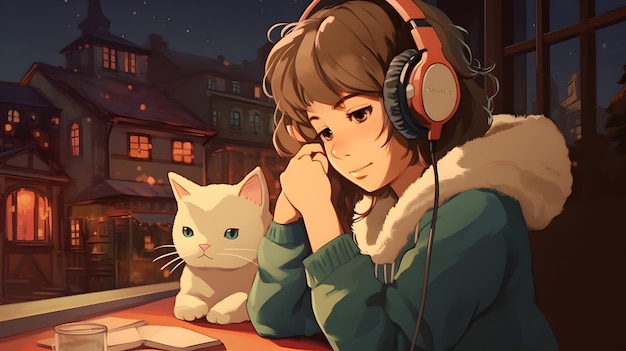 anime girl listening to music