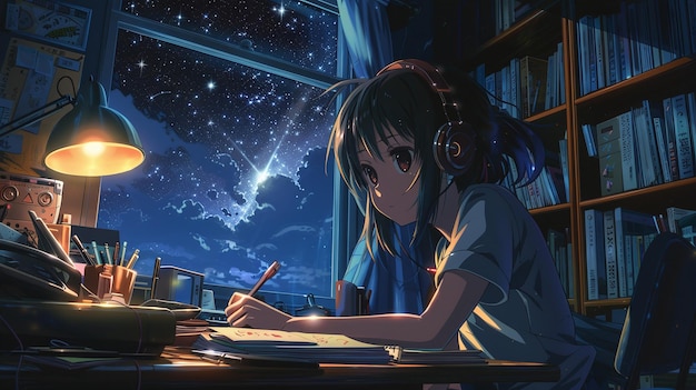 Photo anime girl or lofi girl is studying