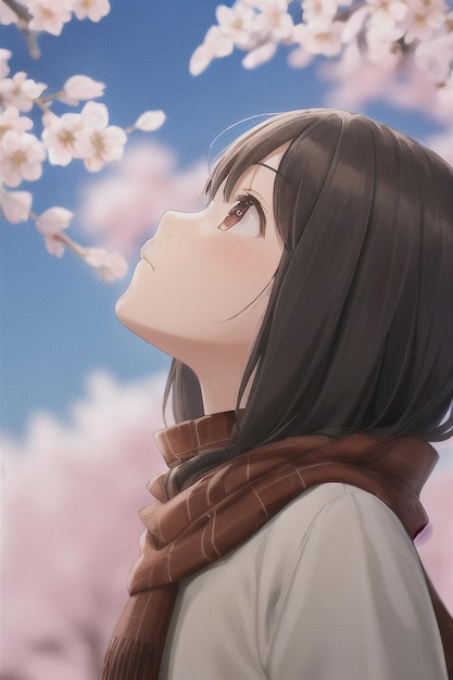 Anime girl looking at a cherry blossom