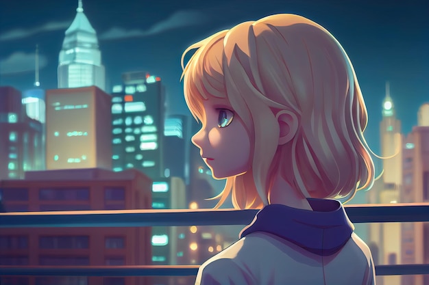 Anime girl looking at the city Generative AI