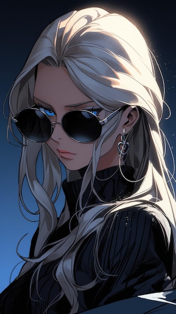 an anime girl in navy with sunglasses