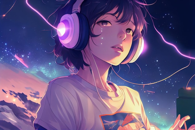 Anime girl in neon headphones Generative AI