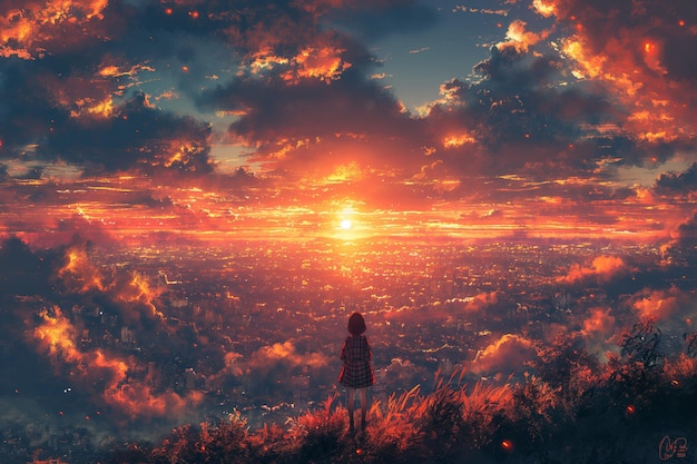 An anime girl observes the city as the sun sets