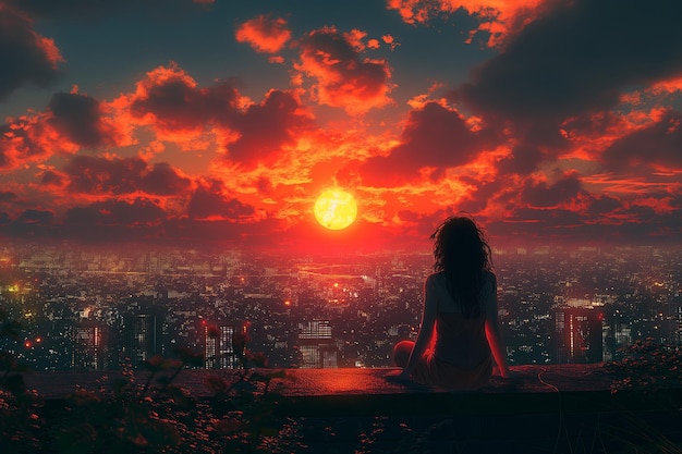 An anime girl observes the city as the sun sets