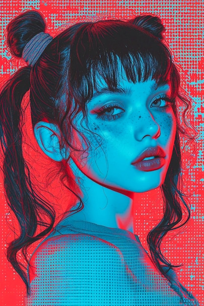 Anime girl portrait retro halfotne style vaporwave colors Generative AI