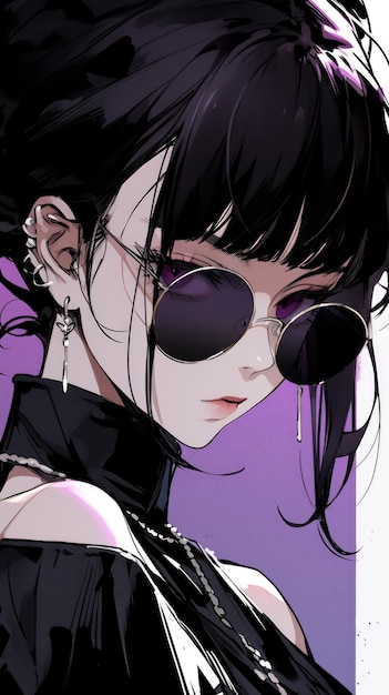 an anime girl in purple with sunglasses