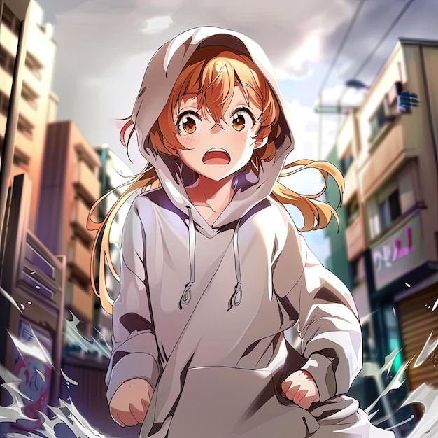 an anime girl in a raincoat with an anime character on the front