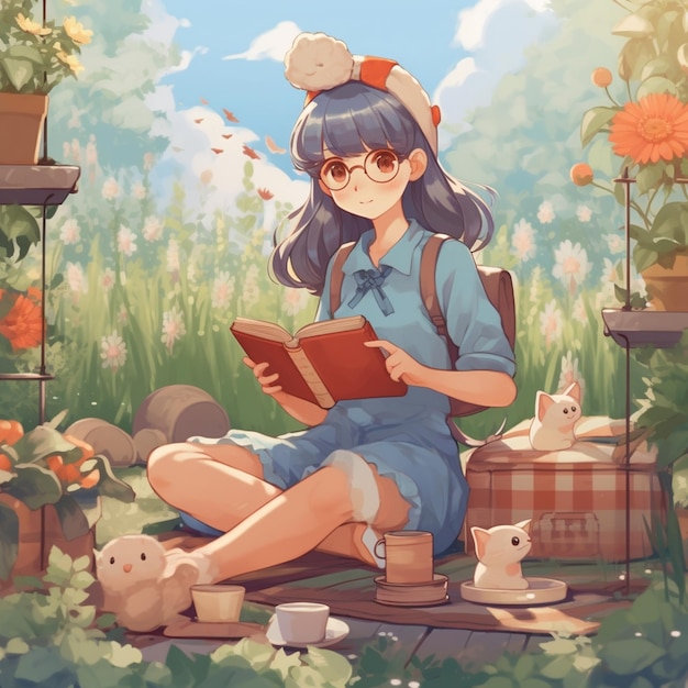 anime girl reading a book in a garden with cats generative ai