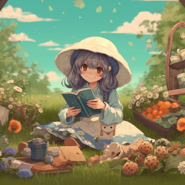 anime girl reading a book in a garden with flowers and a basket of strawberries generative ai