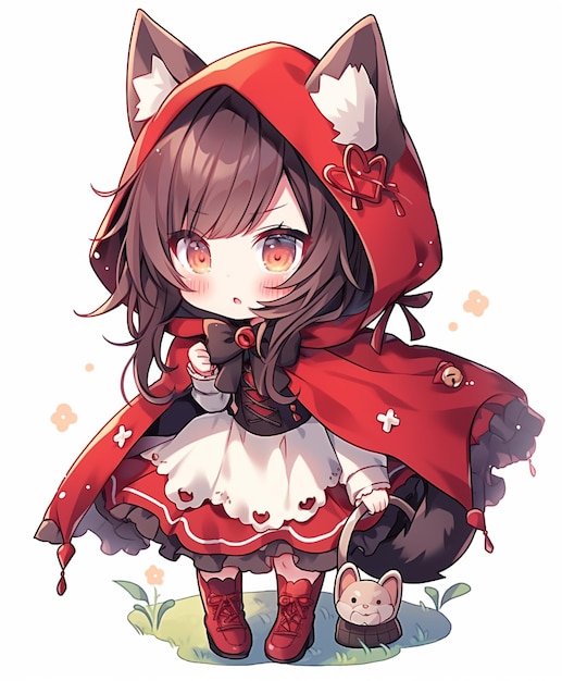 anime girl in red riding hood with cat and kitten generative ai