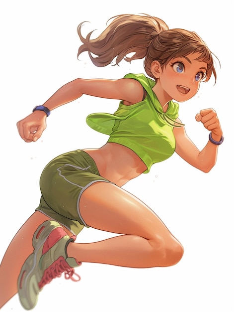 Photo anime girl running with a green top and green shorts generative ai