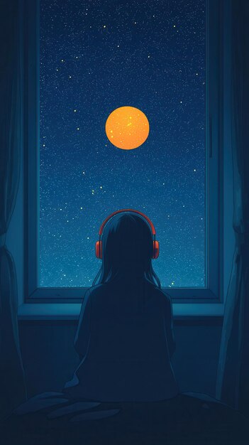 Photo an anime girl sits in her cozy room wearing headphones gazing out at a starry night sky the moonl