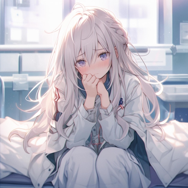 anime girl sitting on a bed with her hands on her chin generative ai