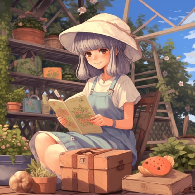 anime girl sitting on a bench reading a book in a garden generative ai